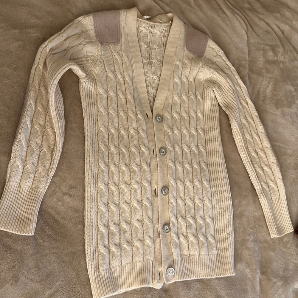 Stefanel Cardigan, with elbow patches, good condition. Wool mix xs